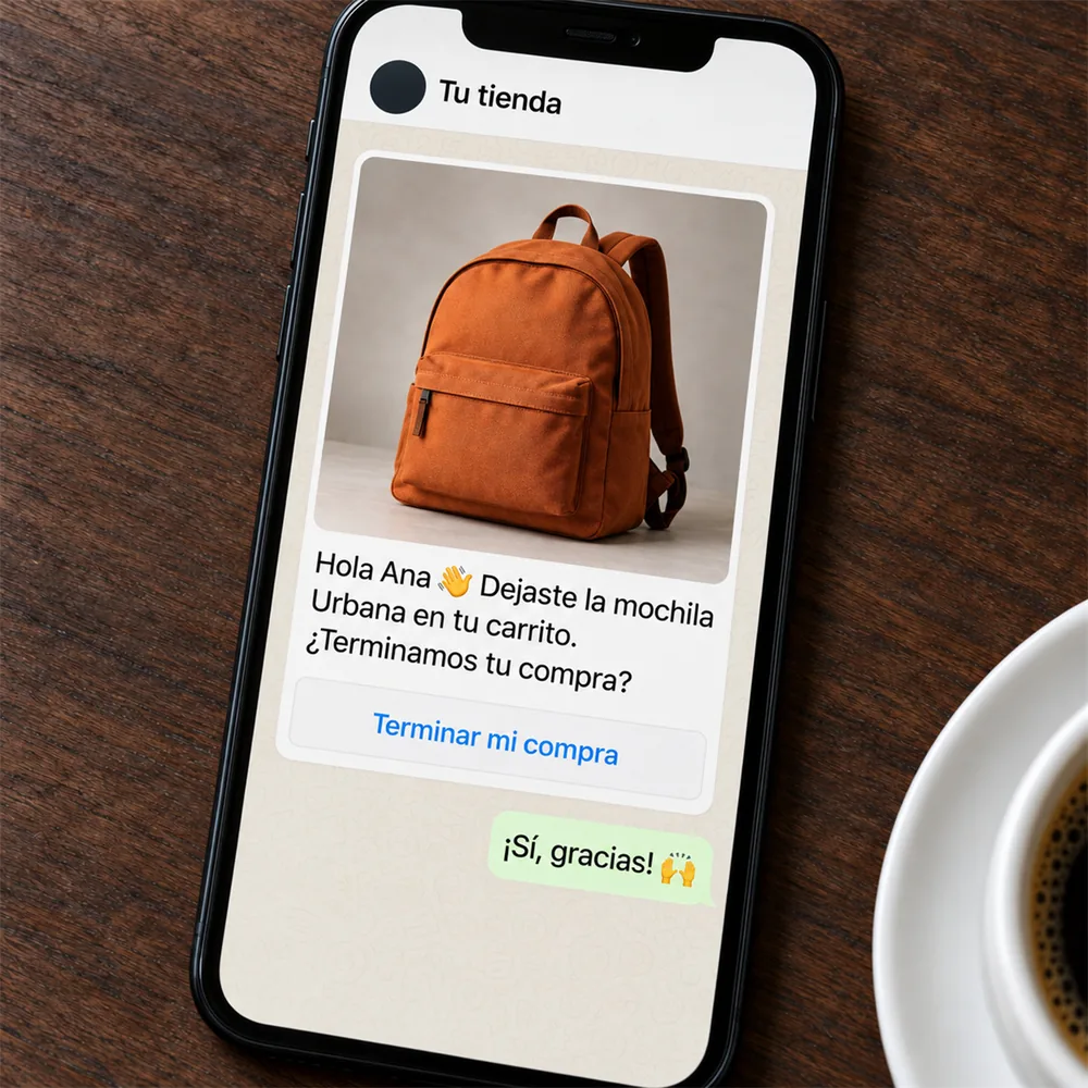 Teléfono con un mensaje de WhatsApp que recuerda a una clienta la mochila que dejó en su carrito