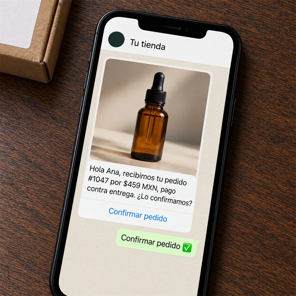 Teléfono con un mensaje de WhatsApp que pide confirmar un pedido con pago contra entrega
